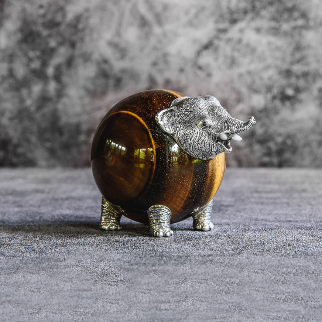 “Baby Dok Mai” Sterling Silver Elephant On Tiger Eye Sphere