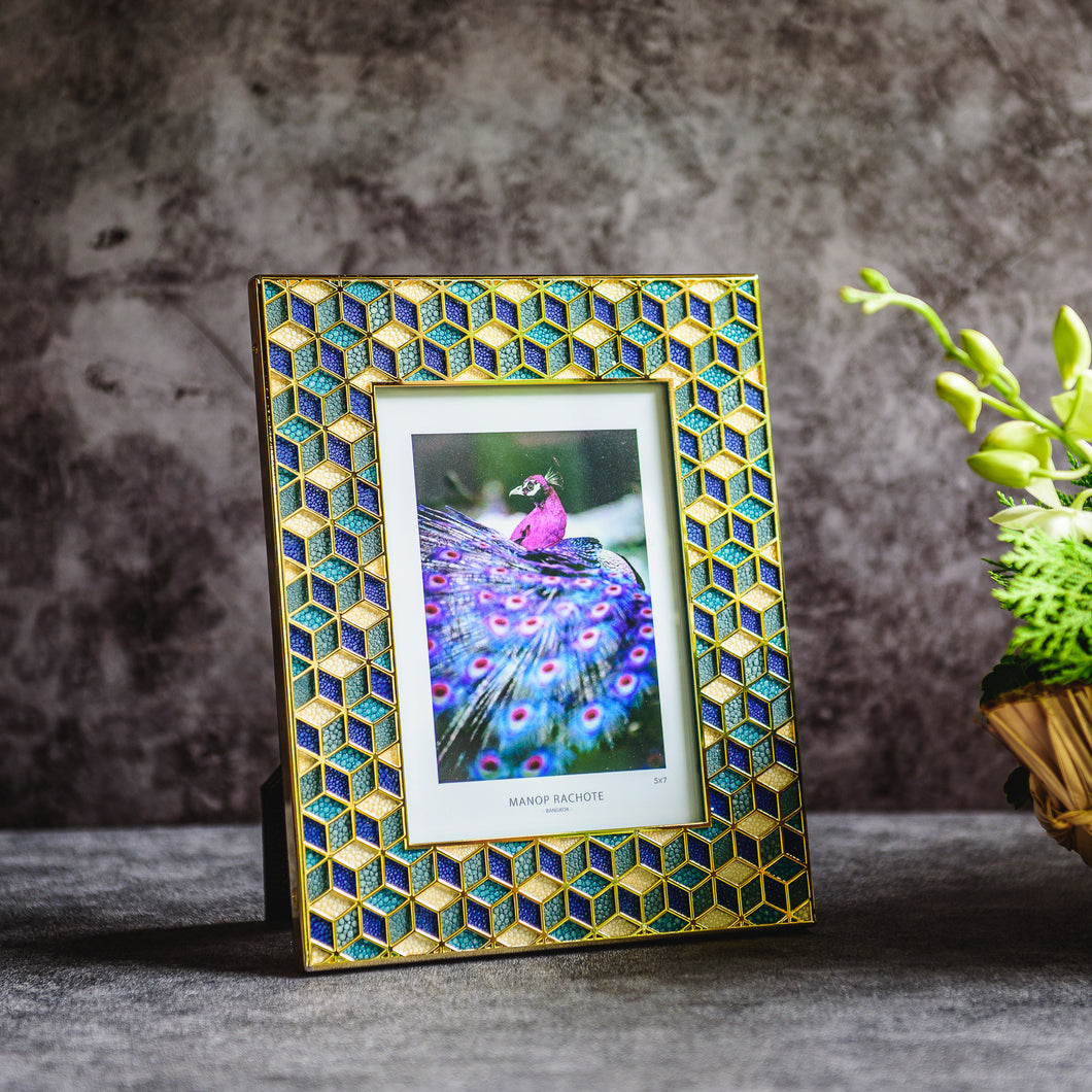 “Cube” Cadet Blue, Turquoise, Andaman Blue & Ivory Stingray in 24 Carat Gold Plated Frame
